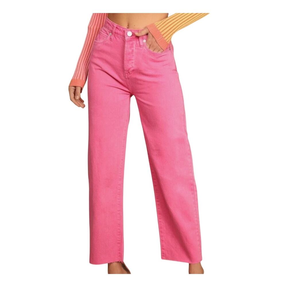 Blank NYC The Baxter Straight Leg High Rise Button Fly Hot Pink Raw Denim Jeans